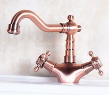 Antique Red Copper Bathroom Basin Sink Faucet Cross Handle One Hole Mixer Tap