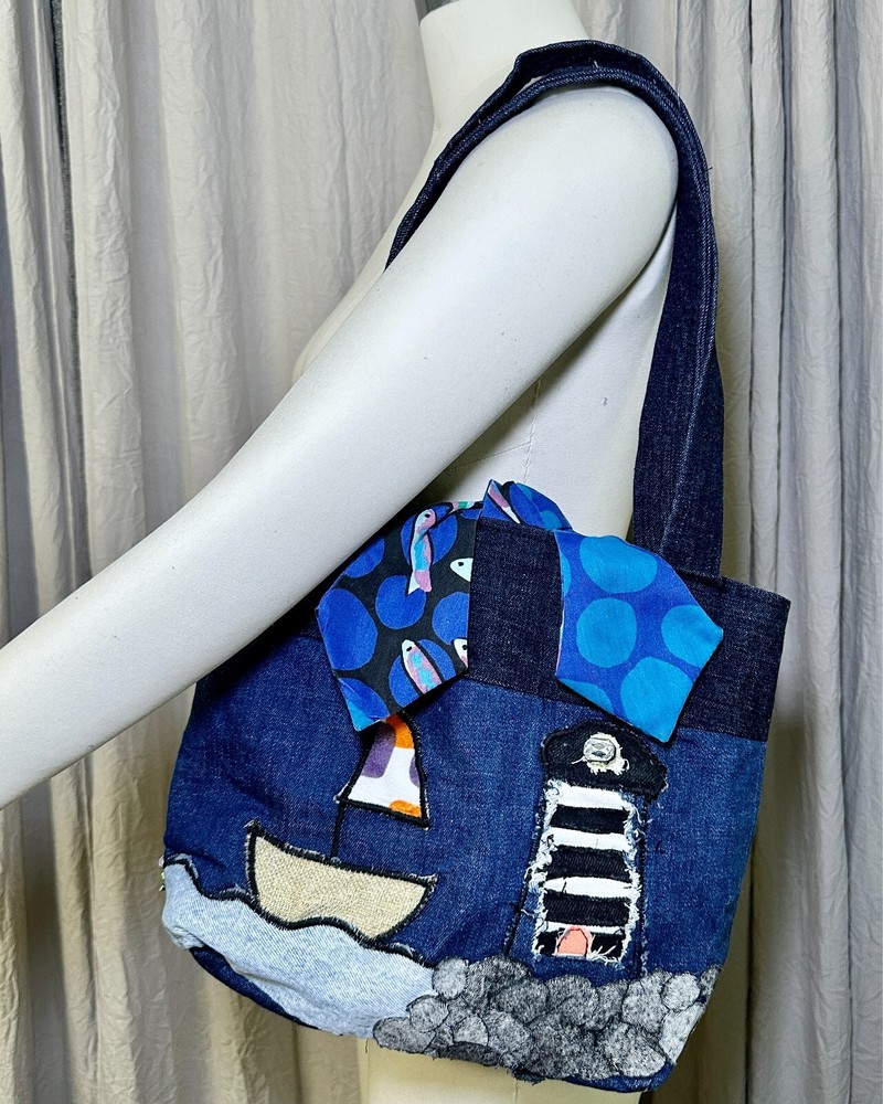 Handmade Upcycled Lighthouse Sun House Denim Nautical Shoulder Purse Bag CUTE