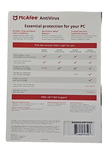 McAfee Antivirus Protection for Your PC, 1-YR Subscription, Sealed - Picture 2 of 2