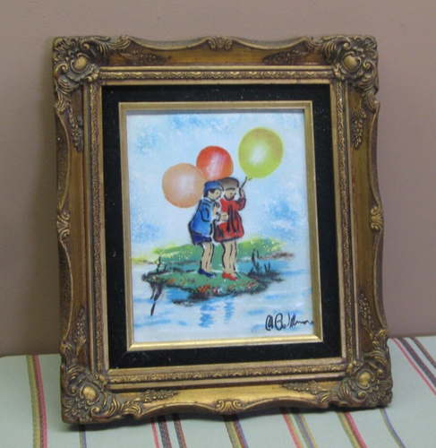 Enamel on Copper Art Painting Children & Balloons Artist Signed 8" x 10" Framed - 第 3/7 張圖片