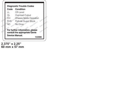 FOR GENIE 133596, 133596GT DIAG CODES DECAL 
