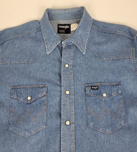 Wrangler Shirt Men XL Blue Denim Pearl Snap Western Cowboy Long Tail USA Vintage - Picture 5 of 13