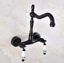 Oil Rubbed Bronze Wall Mount Dual Ceramic Handles Bathroom Basin Sink Faucet