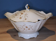 Suppen Terrine mit Deckel und Standfu&szlig; beige mit Blumen Golddekor Goldrand