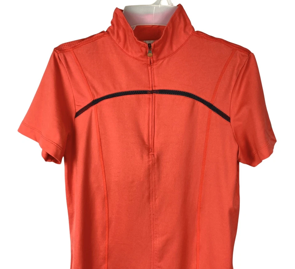 罕见阿迪达斯 Climalite 1/4 拉链 SS/帽袖衬衫上衣女式 M 橙色黑色 — 第 3/4 张图片