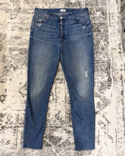 MOTHER Jeans Sz 30 Celebrity Stunner Ankle Fray Graffiti Girl Blue Skinny Jeans - Picture 4 of 8