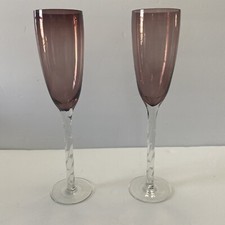 Juego de 2 flautas de champán tazones morados tallo retorcido transparente espiral 10" hechas a mano