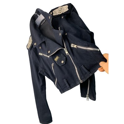Vintage 90s PARASUCO MOTO black denim Jacket Silver embellish