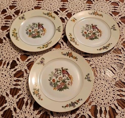 BOHEMIA CERAMIC SET OF 3 PHEASANT AND FLOWERS BREAD PLATES.  1921-1945