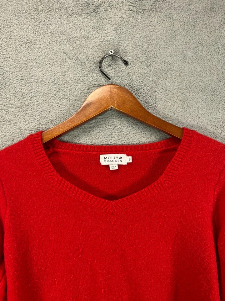 MOLLY BRACKEN Sweater Womens Small Red Sweater V Neck Princess Puff Long Sleeve - Image 4 of 4