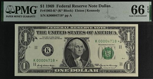 1969 $1 FRN Dallas Star PMG 66EPQ gem low serial number star 00004718* - Picture 2 of 3