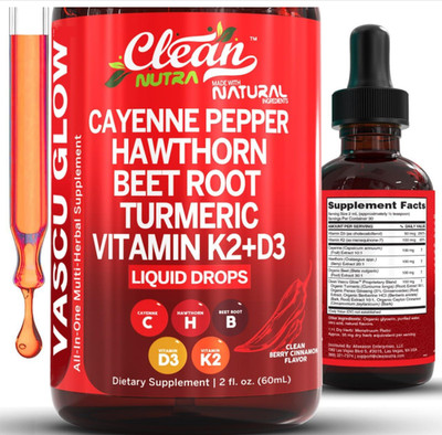Vascu Glow Cayenne Pepper Liquid Drop Hawthorn Beef Root Turmric Vitamin K2+D3 #