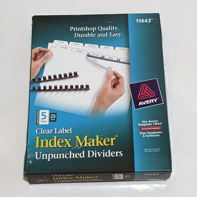 Avery 11443 Clear Label Unpunched Dividers 5-Tabs White 25 sets (Damaged box)