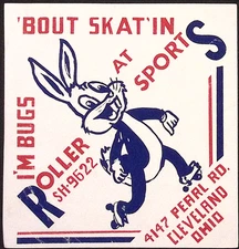 Roller Sports Cleveland OH Roller Skating Label Rabbit Themed c1950s 5.5x5.75"