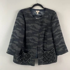 LOGO by Lori Goldstein Summer Tweed Jacket with Beaded Pockets Size 12 Black