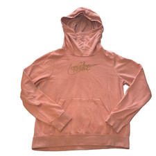 Nike Hoodie Womens Small S Pink Foam Metallic Gold Glitter Logo Cowl Funnel Neck