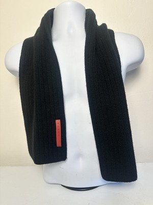 PRADA Black Solid Knit Rectangle Scarf with Logo Accents for Women
