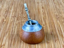 VINTAGE Miniature Yerba Mate Tea Set Gourd/Bombilla Straw Wood/Metal 2"Wx1.5"H