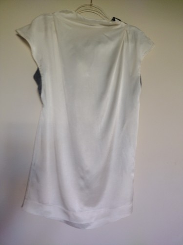 Zara Top Woman's M Beige Black Face Print Tunic Silk Cap Sleeve Mock Neck - Afbeelding 3 van 8