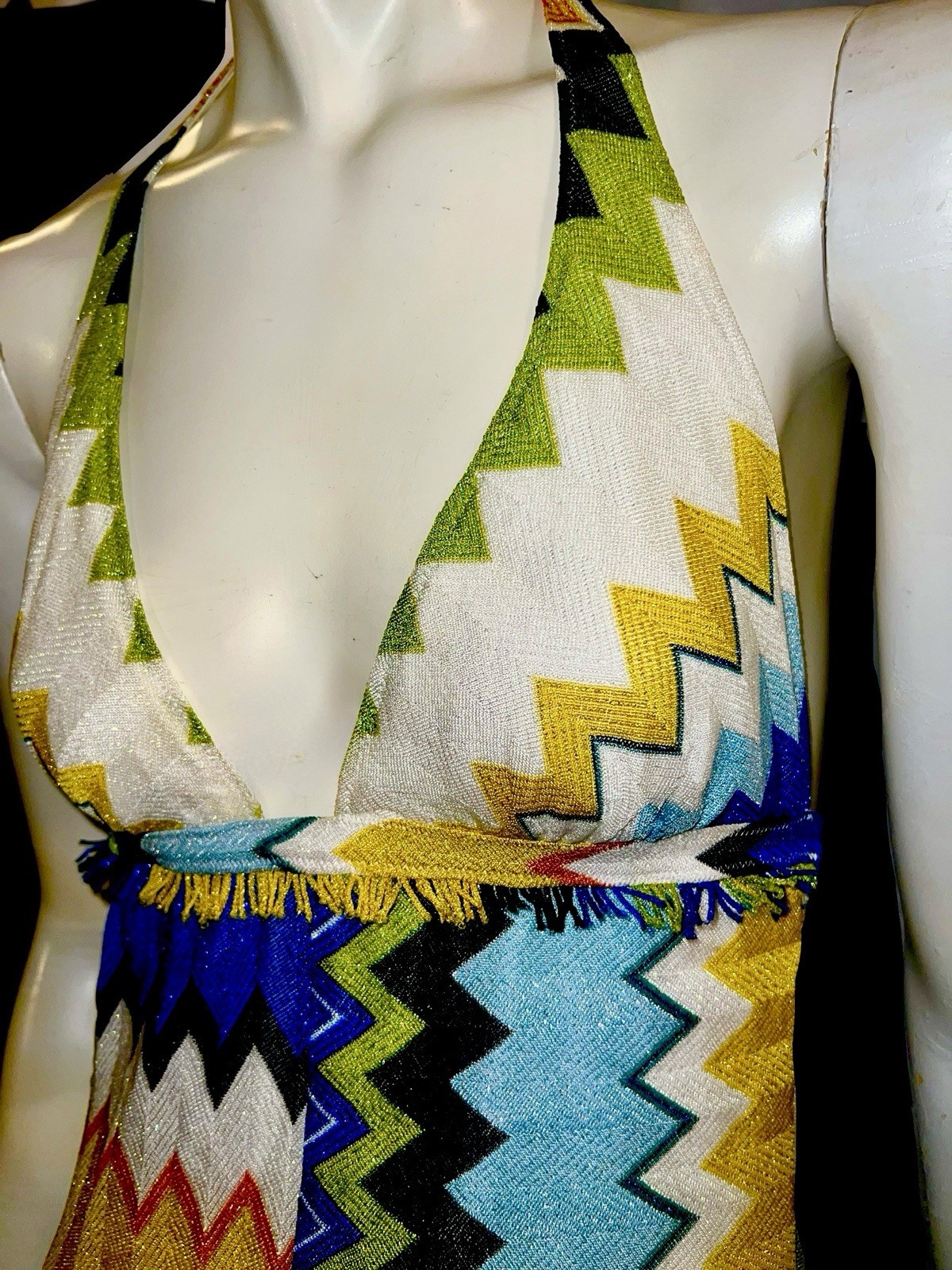 MISSONI Mare Swimsuit Lurex Shimmer Halter Chevron Fringe Swimwear Sz 46 NWT image 8