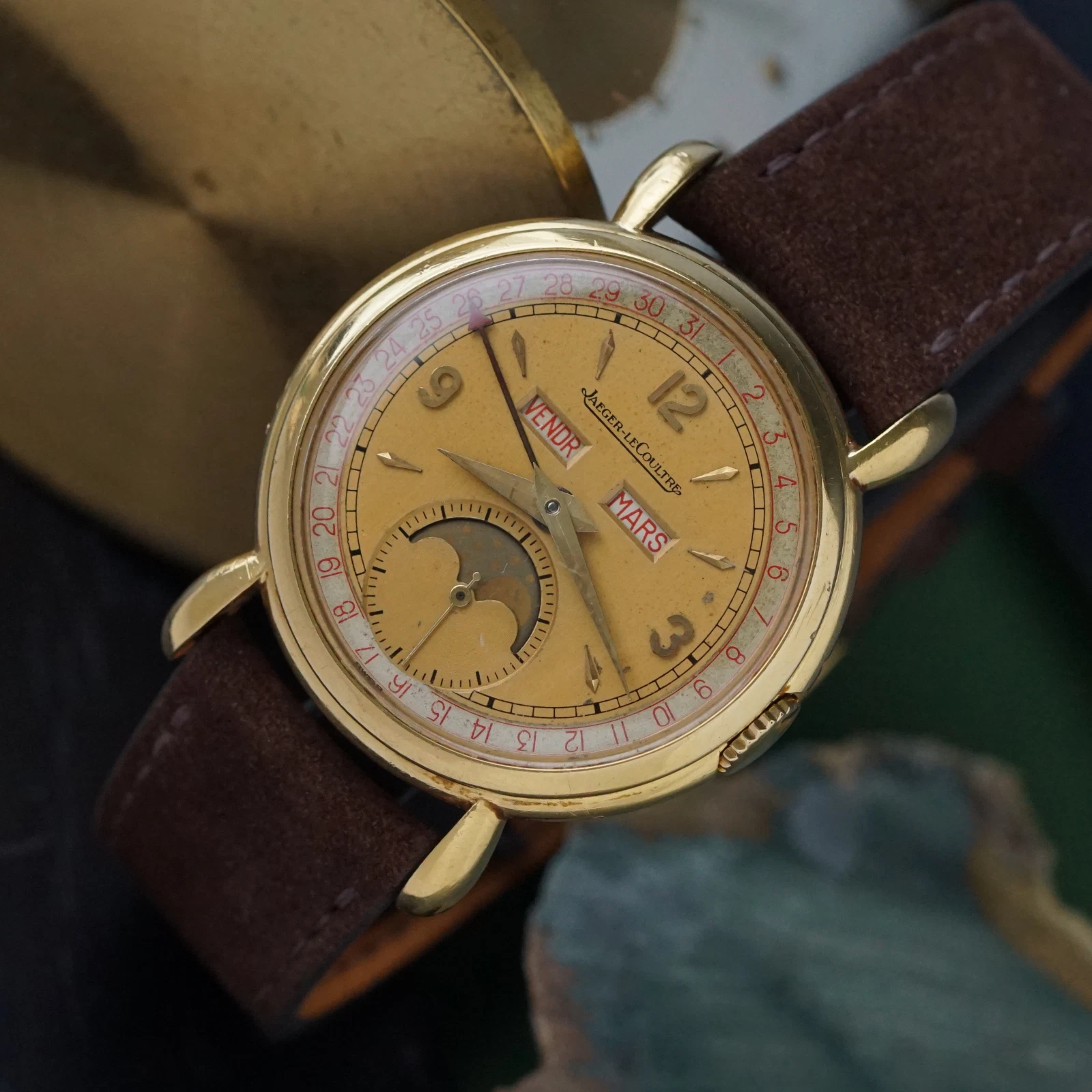 Jaeger LeCoultre — Jaeger LeCoultre 1950s Triple Date French Calendar Moonphase 18k Yellow Gold