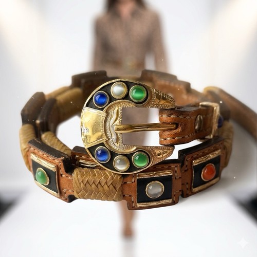 Southwestern Belt Women Leather Jeweled Cabochon Stones 40” Vintage HTF