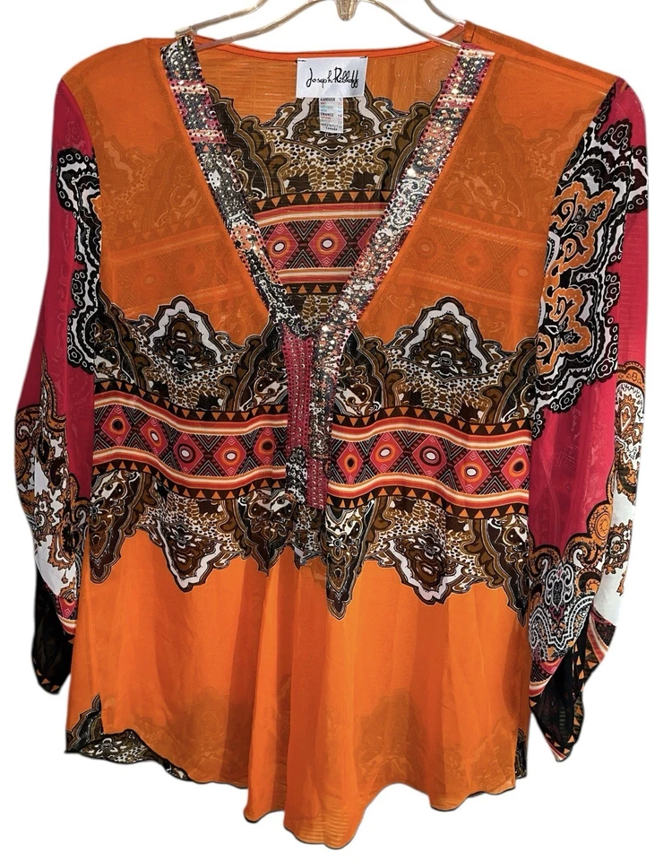Top Joseph Ribkoff para mujer talla 18 abstracto 3/4 mangas acanaladas artístico fluido audaz (2) Foto 2 de 4