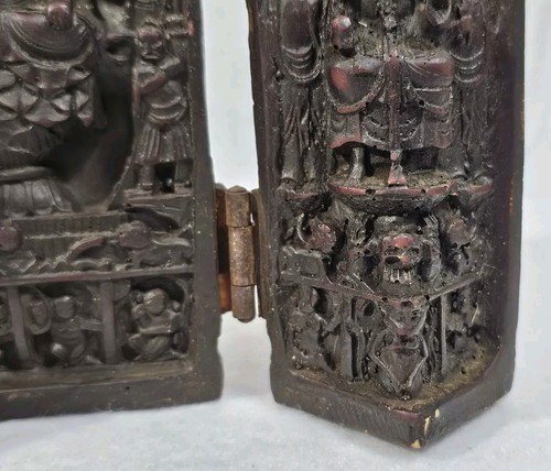 Vintage 6,5" klappbares buddhistisches Triptychon geschnitztes Harz 3 Tafeln Reiseschrein - Bild 13 von 15