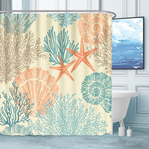 Extra Long Nautical Coastal Shower Curtain Starfish Seashell Coral Beach Themed