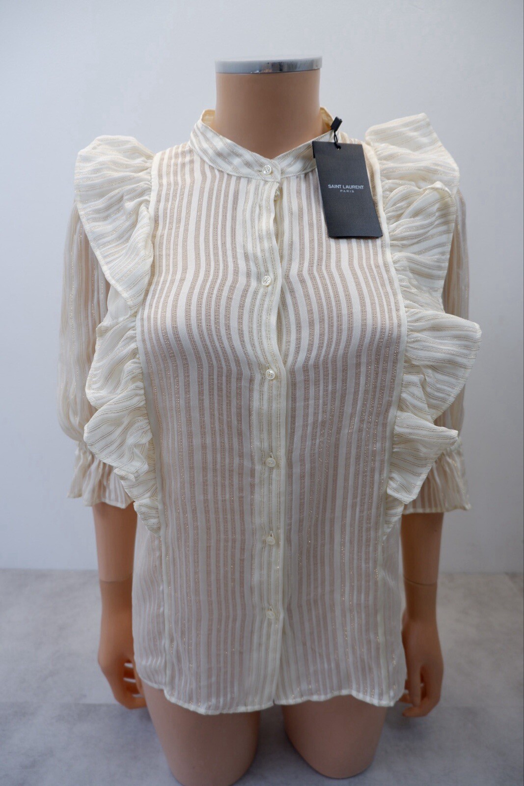 Camicia da donna Saint Laurent NUOVA in seta taglia 42 UK 10 12 crema arricciacapelli