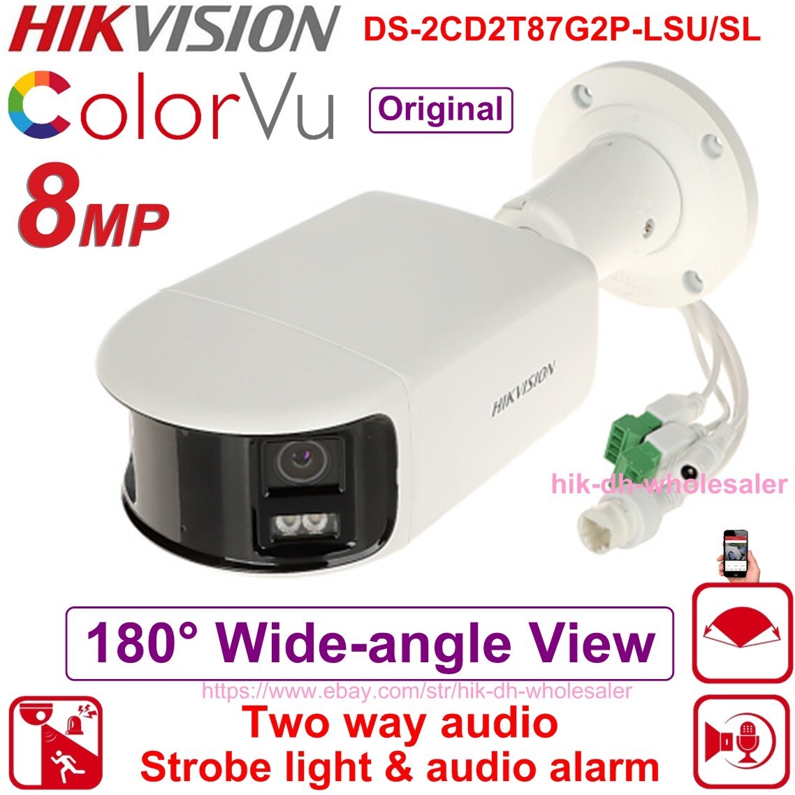 Hikvision DS-2CD2T87G2P-LSU/SL 8MP 4K ColorVu 180° PanoVu Camera PoE 2-Way Audio