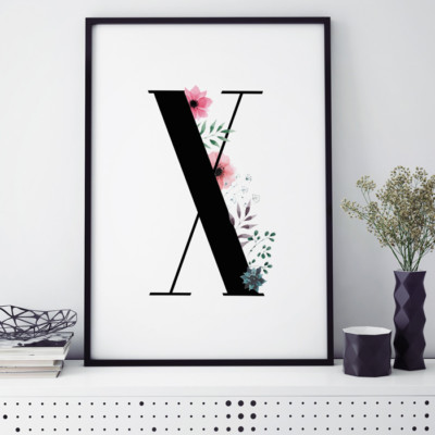 JUNIWORDS Poster mit Rahmen ''Buchstabe Florales X'' DIN A4 A3 A2 Geburtstag Namen