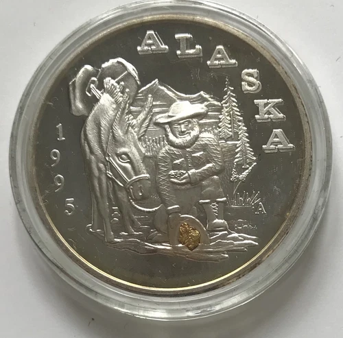 1995 Alaska Mint Goldpanner Proof Medallion Silver Art Medal W / GENUINE NUGGET