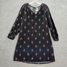 Old Navy Women Dress Large Black Floral Aztec Shift Smocked Yoke V Neck