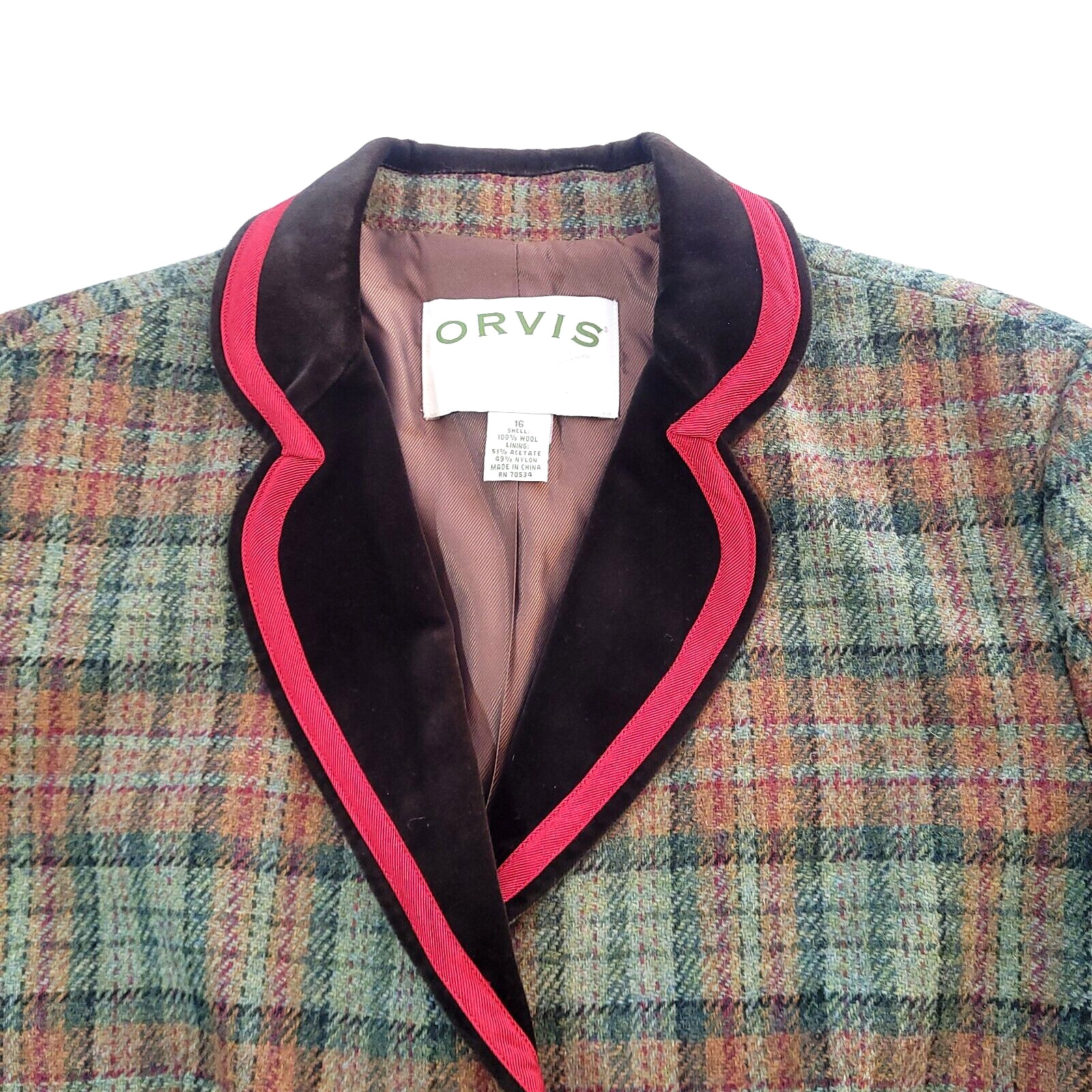 Orvis Wool Plaid Blazer 16 Equestrian Riding Jacket Velvet Collar Wood buttons image 6