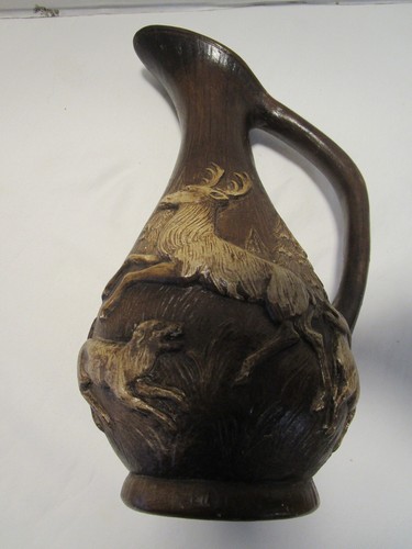Vintage Chalkware Embossed Deer hunting scene woods Pitcher Vase 13.75" t - Picture 6 of 11