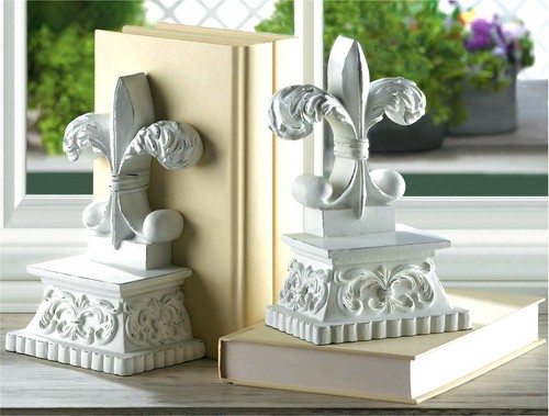 PAIR ** FRENCH VICTORIAN "FLEUR DE LIS" BOOKENDS SET *Distressed White* NIB - Picture 8 of 12