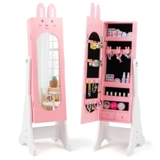 Kids Jewelry Organizer Cabinet Armoire Mirror Storage Shelves Pink Girl Dress Up