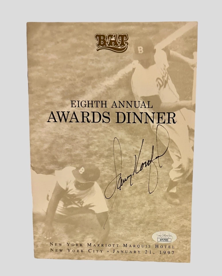 SANDY KOUFAX BOB GIBSON JOE TORRE AUTOGRAPHED BAT AWARDS DINNER PROGRAM JSA COA - Image 2 of 4