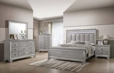 Modern Glam Style 6pc King Size Light Gray LED HB  Solid Wood Bedroom Furniture