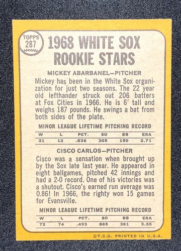 1968 Topps Rookie Stars #287 (Chicago White Sox) Abarbanel, Carlos Free Shipping - Picture 2 of 2