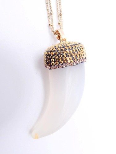 UNIQUE White Marble Agate Stone Italian Horn Brown Crystals Pendant Necklace - Picture 6 of 12