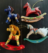 Vintage Wood  Plastic Ornaments LOT 4 in Gift Box Rocking Horse Toy Multi Color