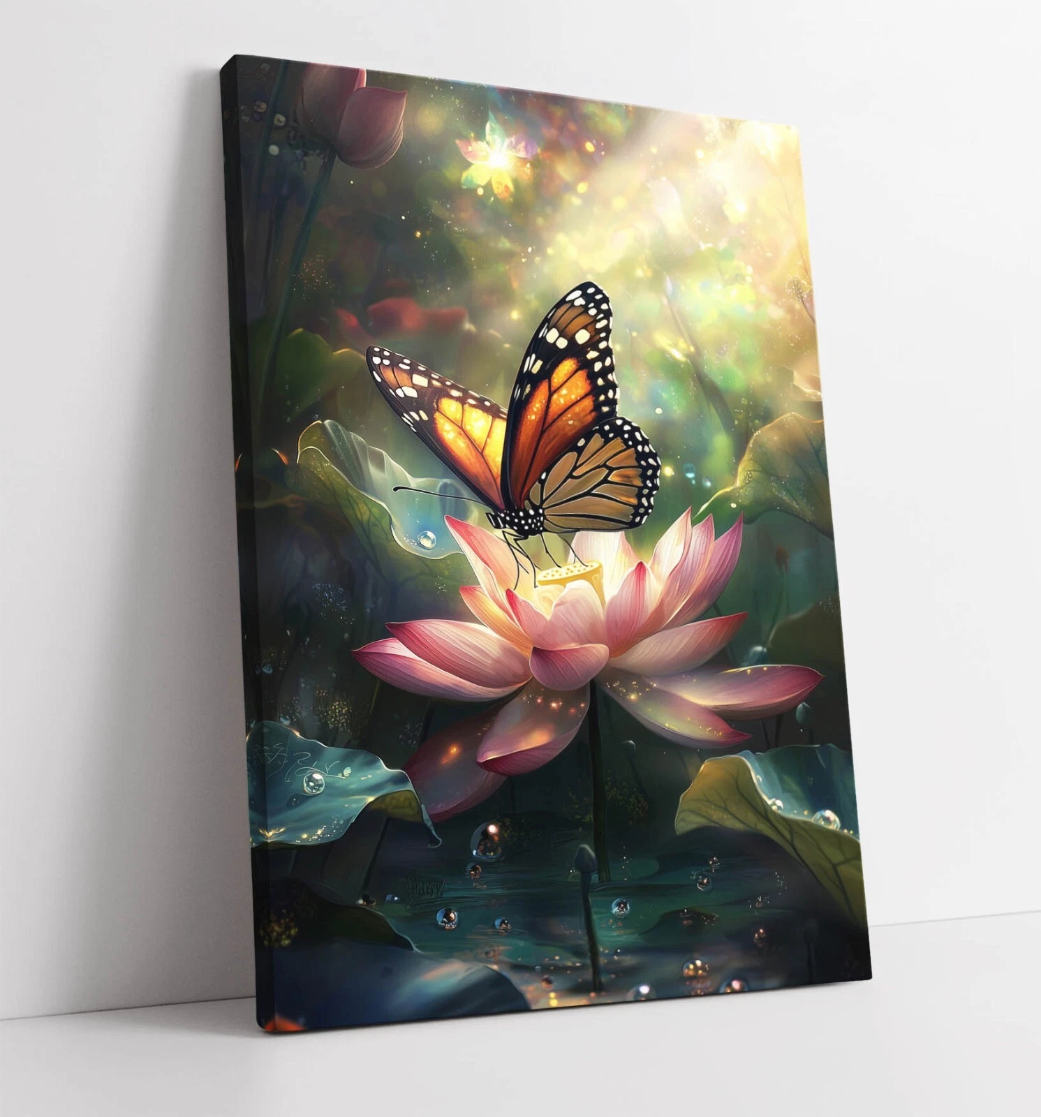 PRETTY BUTTERFLY ON LOTUS FLOWER SUNSHINE FRAMED CANVAS WALL ART PICTURE PRINT
