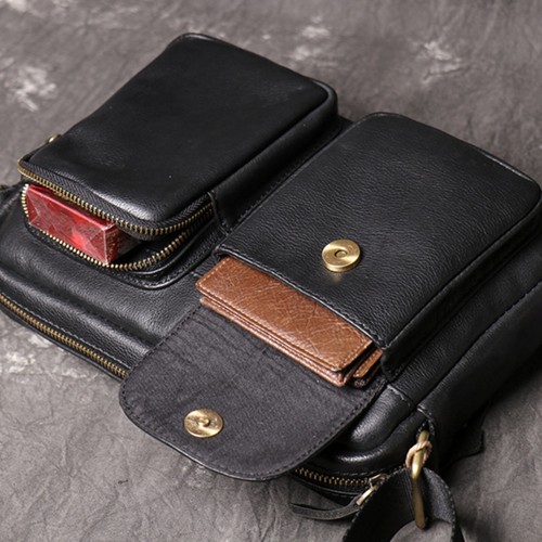Men's Leather Crossbody Bag Black Multi-Pocket Shoulder Bag Travel Organizer - Picture 8 of 11