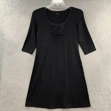 Eileen Fisher 3/4 Sleeve Scoop Neck Ruffle Bib Obsidian Black Knit Dress Size XS