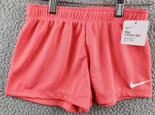 NIKE Swoosh Logo Print Mesh Shorts Girls 6X Coral Pink Elastic Waist Pull On