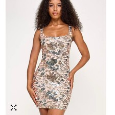 Floral Sequin Mini Dress Square Neck Bodycon Sleeveless Party Cocktail Gold Pink