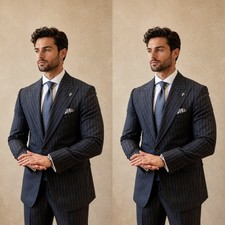 Wide Peak Lapel Striped 2Pcs Men's Suits Navy Jacket Business Evening Coats