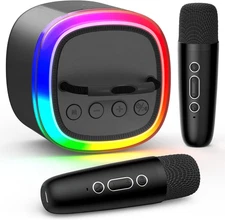 Karaoke Machine, Mini Bluetooth Speaker with 2 Wireless Microphones, Disco Light